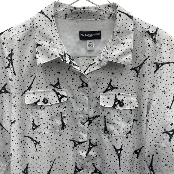 Karl Lagerfeld Paris Eiffel Tower Print Blouse Roll-Tab Sleeves Size Large - Picture 3 of 10